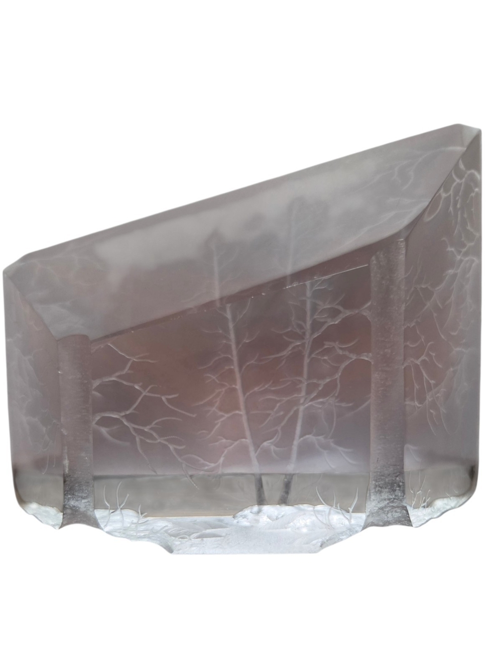 Optic Acrylic Block Sculpture Winter Forest Scene Sandblasted Trees